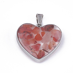 Carnelian Natural Carnelian Pendants, with Glass and 304 Stainless Steel Findings, Heart, Stainless Steel Color, 19x21x6mm, Hole: 3x5.5mm