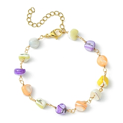 Colorful Natural Shell Nugget Beaded Chain Bracelets, 304 Stainless Steel Jewelry, Colorful, 7-1/8 inch(18cm)