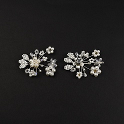 Platinum & Silver Alloy Rhinestone Shoes Decrations, with ABS Plastic Imitation Pearl & Glass, Iron Clips, Crystal, Flower, Platinum & Silver, 50x70~75x13mm, 2pcs/set