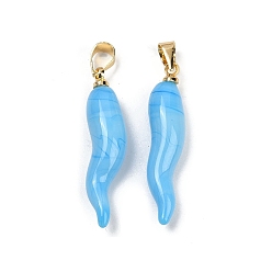 Light Sky Blue Handmade Lampwork with Brass Pendants, Horn of Plenty Charms, Light Sky Blue, 26.5x6.5x6.5mm, Hole: 5x3.5mm
