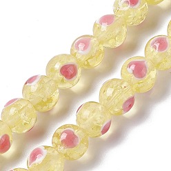 Yellow Handmade Lampwork Beads Strand, Luminous, Glow in the Dark, Round with Heart, Yellow, 10x9.5mm, Hole: 2mm, about 40pcs/strand, 14.76''(37.5cm)