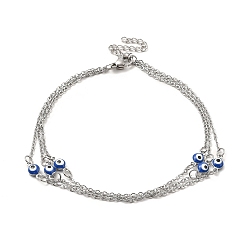 Stainless Steel Color 304 Stainless Steel Curb Chains Triple Layered Anklet, Blue Enamel Evil Eye Links Anklet for Women, Stainless Steel Color, 8-5/8 inch(22cm)
