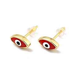 Красный Серьги-гвоздики с эмалевым конским глазом, позолоченные латунные украшения для женщин, без кадмия и без свинца, красные, 5x9.5 мм, штифты : 0.7 мм