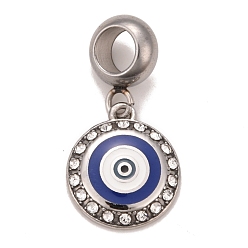 Blue 304 Stainless Steel Crystal Rhinestone European Dangle Charms, Large Hole Pendants, with Enamel, Stainless Steel Color, Flat Round with Evil Eye, Blue, 24mm, Hole: 4.5mm