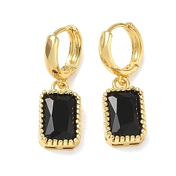 Black Brass Glass Dangle Hoop Earrings for Women, Rectangle, Long-Lasting Plated, Rack Plating, Lead Free & Cadmium Free, Golden, Black, 32x10mm