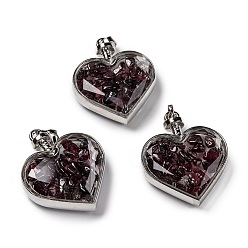 Garnet Glass Bottle Pendants, with Natural Garnet Chips and Platinum Plated Alloy Findings, Heart, 40x32.5x11mm, Hole: 8x5mm