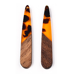 Coral Transparent Resin & Walnut Wood Pendants, Teardrop Charms, Coral, 44x7.5x3mm, Hole: 1.2mm