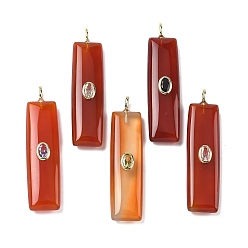 Красный Агат Природные сердолик подвески, прямоугольные подвески с латунной микропаве кубическими цирконами, золотые, цвет циркона случаен, 51x13x7 мм, отверстие : 3x2 мм