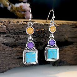 antique silver turquoise mix Rong Yu Retro Noble Southwest Gemstone Bridal Earrings Mixed Color Agate Amethyst Turquoise Earrings For Women