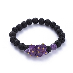 Amethyst Natural Lava Rock Round Beads Stretch Bracelets, with Natural Amethyst Chips and Brass Beads, Golden, Inner Diameter: 2 inch(5cm)