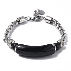 Black Agate Natural Black Agate Curved Tube Bead Bracelets, 304 Stainless Steel Chain Bracelets for Women, 7-1/2 inch(19cm)