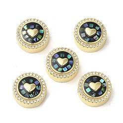 Черный Латунные микро проложить кубического циркония бусы, с эмалью и ракушкой, долговечный, без свинца и без кадмия, реальный 18 k позолоченный, плоско-круглые с сердцем, чёрные, 12x5.5 мм, отверстие : 2 мм