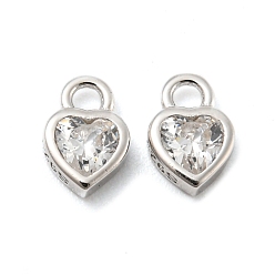 Heart Real Platinum Plated Rhodium Plated 925 Sterling Silver Charms, with Clear Cubic Zirconia, with S925 Stamp, Heart, 6x4x2mm, Hole: 1.2mm