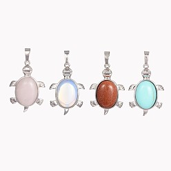 Mixed Stone Tortoise Gemstone Pendants, with Brass Findings, Cadmium Free & Lead Free, Platinum, Natural & Synthetic Mixed Stone, 33.5x22x7mm, Hole: 5mm