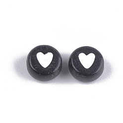 Black Opaque Acrylic Beads, Flat Round with Heart, Black, 7x3.5mm, Hole: 1.2mm, about 3700pcs/500g