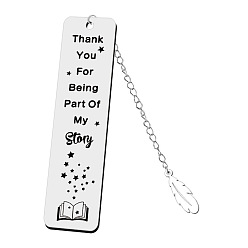 Star Rectangle with Quote Thank You For Being Part of My Story Bookmark, Stainless Steel Bookmark, Feather Pendant Bookmark with Long Chain, Star Pattern, 120x30mm