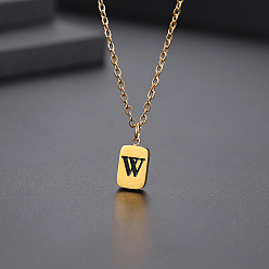 Letter W Titanium Steel Rectangle with Initial Letter Pendant Necklace with Cable Chains for Women, Golden, Letter.W, 17.72 inch(45cm)