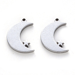 Stainless Steel Color 304 Stainless Steel Pendants, Laser Cut, Moon with Star, Stainless Steel Color, 17x12x1mm, Hole: 1.2mm