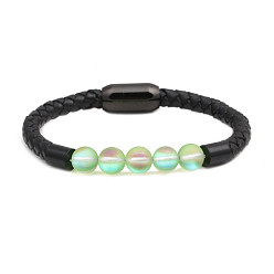 7# Stylish Leather Bracelet with Stainless Steel Magnetic Clasp and Moonstone Beads for Women