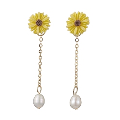 Yellow Natural Pearl & Resin Sunflower Dangle Stud Earrings, Golden 304 Stainless Steel Chains Tassel Earrings, Yellow, 55x13.5mm