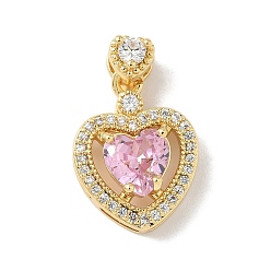 Бледно-Розовый Латунные микро проложить кубического циркония подвески, сердце прелести, без свинца и без кадмия, долговечный, реальный 18 k позолоченный, стойки покрытие, розовый жемчуг, 19.5x13.5x6 мм, отверстие : 3x1 мм