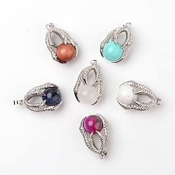 Mixed Stone Eagle Claw Alloy Natural & Synthetic Mixed Stone Pendants, Platinum, 34~36x22~24x16mm, Hole: 5x8mm