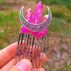 Fuchsia Natural Crystal Quartz Hair Combs, with Metal Finding, for Women, Moon, Fuchsia, 70x35mm