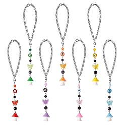 Mixed Color 7Pcs Chakra Theme Evil Eye Butterfly Mushroom Pendant Decoration, Car Rear View Mirror Hanging Ornament, with Natural Malaysia Jade Bead & Lobster Claw Clasp, Mixed Color, 210mm