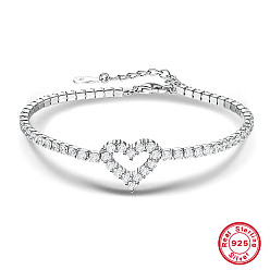 Platinum 925 Sterling Silver Heart and Cubic Zirconia Inlaid Bracelets for Women, Platinum, 5-1/8 inch(13cm)