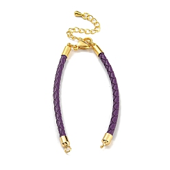 Purple Leather Braided Cord Link Bracelets, Fit for Connector Charms, with Long-Lasting Plated Rack Plating Colden Tone Brass Lobster Claw Clasp & Chain Extender, Purple, 6x1/8 inch(15.2cm), Hole: 2mm