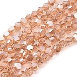 Dark Orange Electroplate Glass Beads Strands, Full Rainbow Plated, Faceted, Hexagon, Dark Orange, 6x7x4mm, Hole: 1.2mm, about 100pcs/strand, 20.87 inch(53cm)