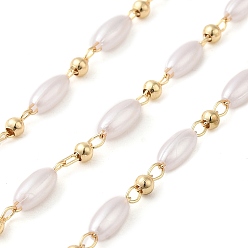 Золотой Сателлитные цепи из латуни с обшивкой стойки, с пластиковым жемчугом овальный из бисера, пайки, с карточной бумагой, золотые, 6x3 мм