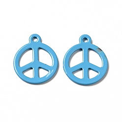 Deep Sky Blue Spray Painted 201 Stainless Steel Pendants, Flat Round with Peace Sign Charm, Deep Sky Blue, 15x12.5x1mm, Hole: 1.4mm
