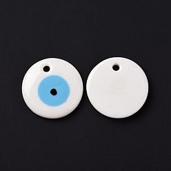 White Handmade Lampwork Evil Eye Pendants, Flat Round, White, 50x8~10mm, Hole: 4.5~5.5mm