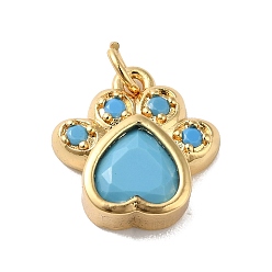 Light Sky Blue Rack Plating Brass Pave Cubic Zirconia Charms, with Glass & Jump Ring, Lead Free & Cadmium Free, Real 18K Gold Plated, Long-Lasting Plated, Cat's Paw Print Charm, Light Sky Blue, 14x13x4mm, Hole: 3.4mm