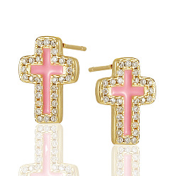Pink Cross-shaped Religious Earrings with Zirconia Stones for Women's Elegant Style