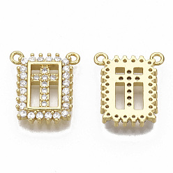 Real 16K Gold Plated Brass Micro Pave Cubic Zirconia Pendants, Nickel Free, Rectangle with Cross, Clear, Real 16K Gold Plated, 16x14x2.5mm, Hole: 1.2mm