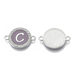 Letter C Alloy Enamel Links Connectors, with Crystal Rhinestones, Flat Round with Letter, Silver Color Plated, Letter.C, 22x16x2mm, Hole: 1.8mm
