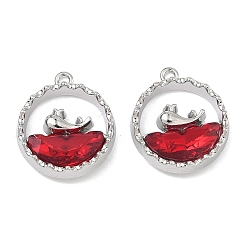 Красный Сплав стекла подвески, плоская круглая форма с подвесками в виде китов, стойки покрытие, без кадмия, без никеля и без свинца, платина, красные, 18x15.5~16x4~4.5 мм, отверстие : 1.2~1.4 мм