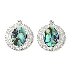 Нержавеющая Сталь Цвет 304 подвески из натуральной ракушки пауа из нержавеющей стали, плоские круглые прелести, цвет нержавеющей стали, 23x20.5x2 мм, отверстие : 1.4 мм