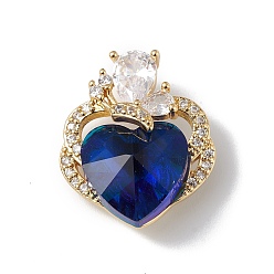 Dark Blue Real 18K Gold Plated Rack Plating Brass Micro Pave Clear Cubic Zirconia Pendants, with Glass, Long-Lasting Plated, Cadmium Free & Lead Free, Butterfly with Heart Charm, Dark Blue, 21x17.5x8mm, Hole: 3.5x2.5mm