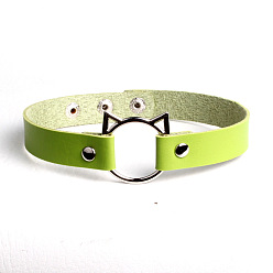 Light green Cute Cat Head PU Leather Collar for Punk Fashion Street Style with Lock and Clavicle Chain Jewelry
