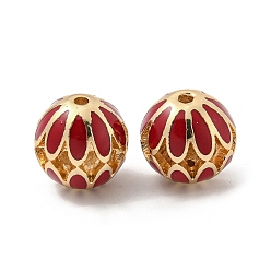 Red Golden Tone Alloy Enamel Beads, Round with Flower, Red, 14mm, Hole: 1.8mm