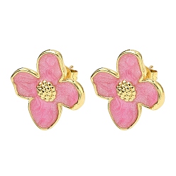 Pink Цветок латунь эмаль серьги стержня, стойки покрытие, без кадмия и без свинца, долговечный, платина, розовые, 17x15.5 мм