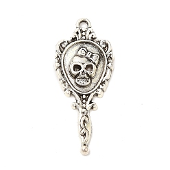 Antique Silver Tibetan Style Alloy Pendant, Halloween Skull Magic Mirror Charm, Antique Silver, 35x15x3mm, Hole: 2mm