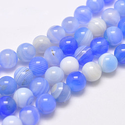 Cornflower Blue Natural Striped Agate/Banded Agate Bead Strands, Dyed & Heated, Round, Grade A, Cornflower Blue, 10mm, Hole: 1mm, about 39pcs/strand, 15.2 inch(387mm)