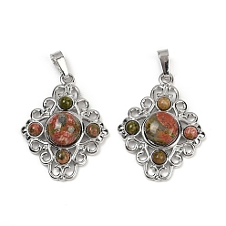 Унакит Природные подвески Unakite, ромбовидные подвески с латунной фурнитурой, стойки покрытие, платина, 35.5x27x7.5 мм, отверстие : 8.5x4.5 мм