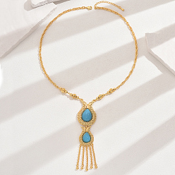 Настоящее золото 18K Модные винтажные ожерелья с подвеской в виде слезы из искусственной латуни и смолы с кисточками для женщин, глубокое синее небо, реальный 18 k позолоченный, 20.67 дюйм (52.5 см)