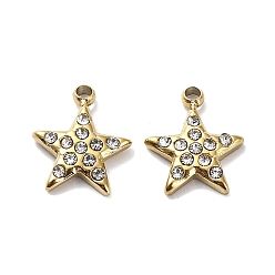Real 18K Gold Plated Ion Plating(IP) 304 Stainless Steel Pendants, with Crystal Rhinestone, Star Charm, Real 18K Gold Plated, 10x8.5x2mm, Hole: 1.2mm