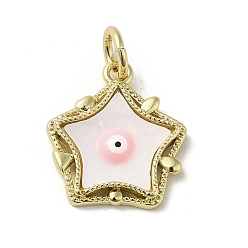 Pink Evil Eye Enamel Shell Pendants, Brass Star Charms with Jump Rings, Real 18K Gold Plated, Pink, 17x15x3.6mm, Hole: 3.7mm